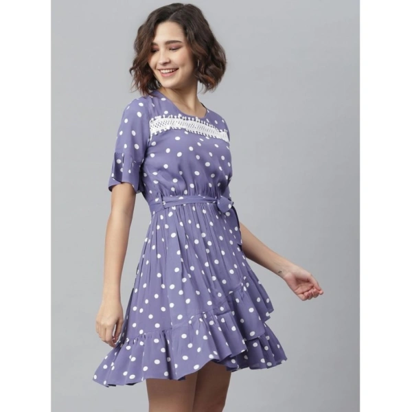 Women's Polyester Polka Bell Sleeve Above Knee Dress (Lavender) - S