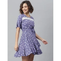 Women's Polyester Polka Bell Sleeve Above Knee Dress (Lavender) - S