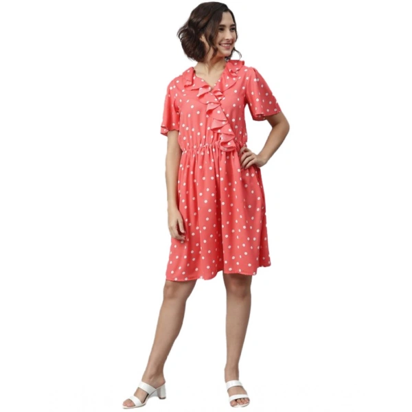 Women's Polyester Polka Flutter Above Knee Dress (Coral) - M