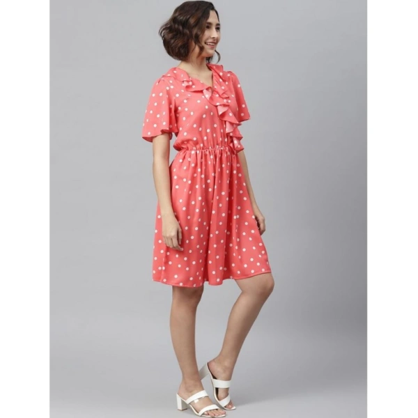 Women's Polyester Polka Flutter Above Knee Dress (Coral) - M