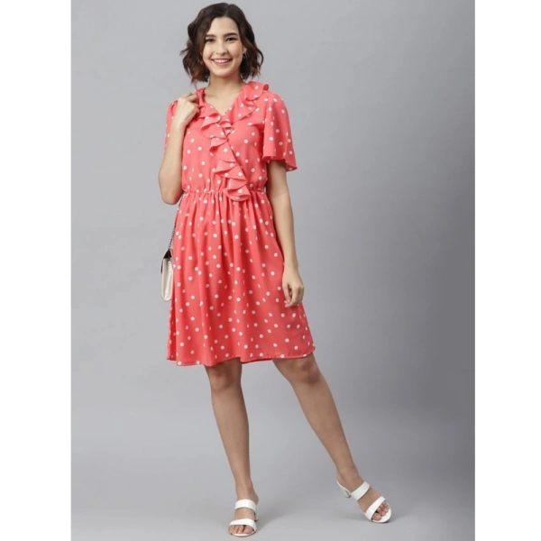Women's Polyester Polka Flutter Above Knee Dress (Coral) - M