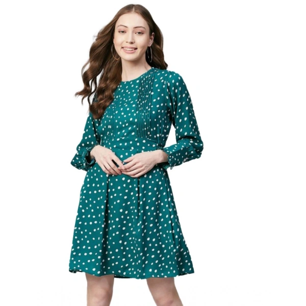 Women's Polyester Polka Long Sleeves Above Knee Dress (Green - White) - 2XL