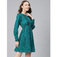Women's Polyester Polka Long Sleeves Above Knee Dress (Green - White) - 2XL