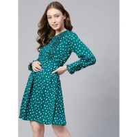 Women's Polyester Polka Long Sleeves Above Knee Dress (Green - White) - 2XL
