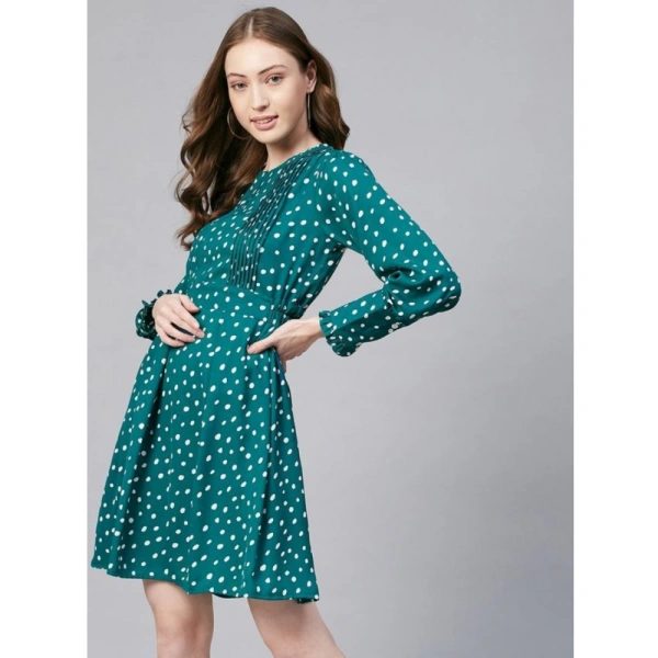 Women's Polyester Polka Long Sleeves Above Knee Dress (Green - White) - 2XL