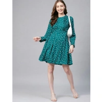 Women's Polyester Polka Long Sleeves Above Knee Dress (Green - White) - 2XL