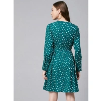 Women's Polyester Polka Long Sleeves Above Knee Dress (Green - White) - 2XL