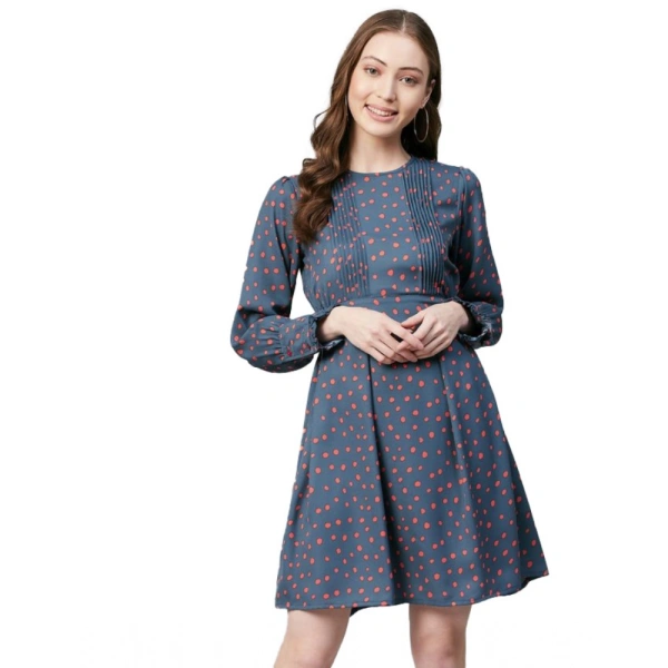 Women's Polyester Polka Long Sleeves Above Knee Dress (Grey - Coral) - L