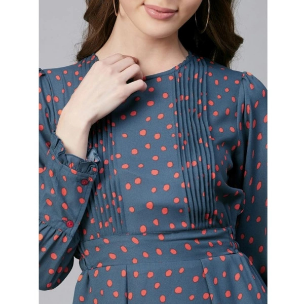 Women's Polyester Polka Long Sleeves Above Knee Dress (Grey - Coral) - L