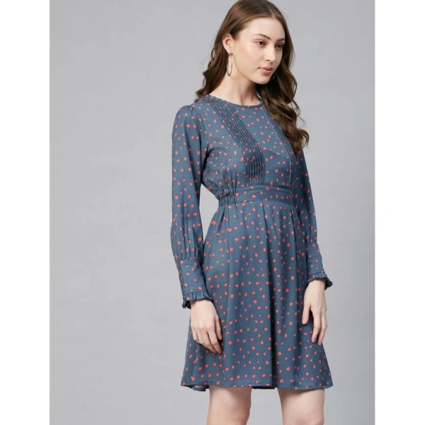Women's Polyester Polka Long Sleeves Above Knee Dress (Grey - Coral) - L