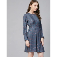 Women's Polyester Polka Long Sleeves Above Knee Dress (Grey - Coral) - L
