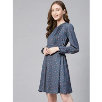 Women's Polyester Polka Long Sleeves Above Knee Dress (Grey - Coral) - L