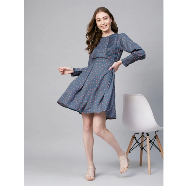 Women's Polyester Polka Long Sleeves Above Knee Dress (Grey - Coral) - L