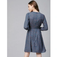 Women's Polyester Polka Long Sleeves Above Knee Dress (Grey - Coral) - L