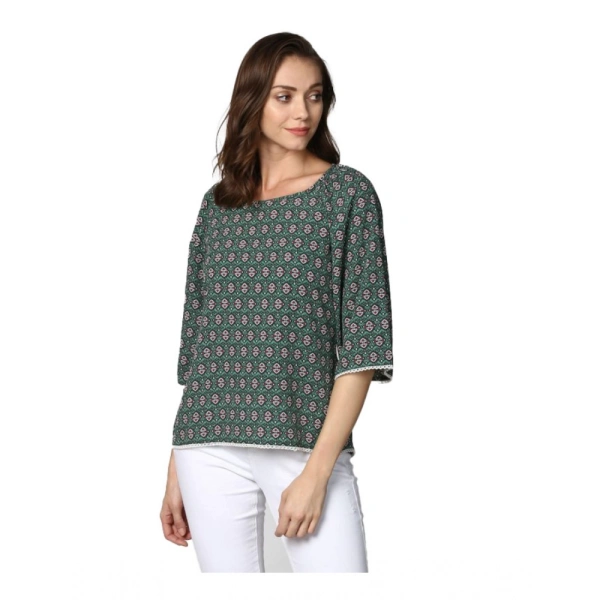Women's Polyester Printed 3-4th Sleeves Top (Green) - L