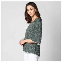 Women's Polyester Printed 3-4th Sleeves Top (Green) - L