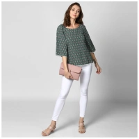 Women's Polyester Printed 3-4th Sleeves Top (Green) - L