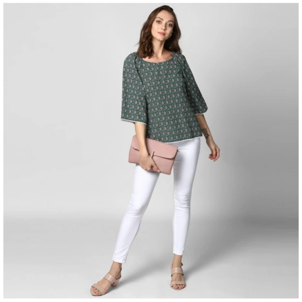 Women's Polyester Printed 3-4th Sleeves Top (Green) - L