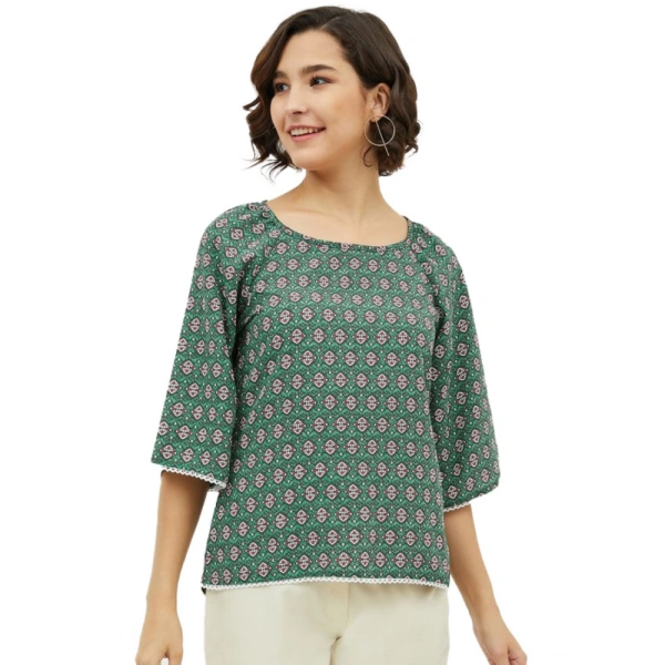 Women's Polyester Printed 3-4th Sleeves Top (Green) - XL
