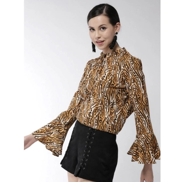 Women's Polyester Printed Bell Sleeve Top (Orange - Black) - L