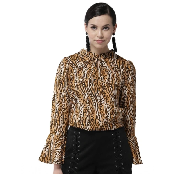Women's Polyester Printed Bell Sleeve Top (Orange - Black) - L