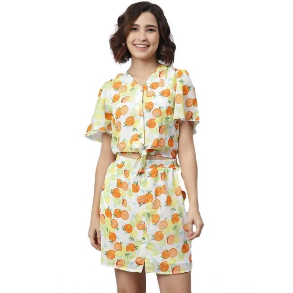 Women's Polyester Printed Flutter Above Knee Dress (Orange - Yellow) - L