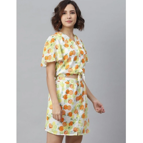 Women's Polyester Printed Flutter Above Knee Dress (Orange - Yellow) - L
