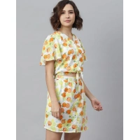 Women's Polyester Printed Flutter Above Knee Dress (Orange - Yellow) - L