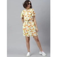 Women's Polyester Printed Flutter Above Knee Dress (Orange - Yellow) - L