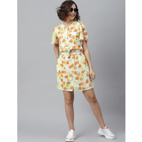 Women's Polyester Printed Flutter Above Knee Dress (Orange - Yellow) - L