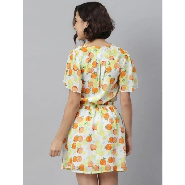 Women's Polyester Printed Flutter Above Knee Dress (Orange - Yellow) - L