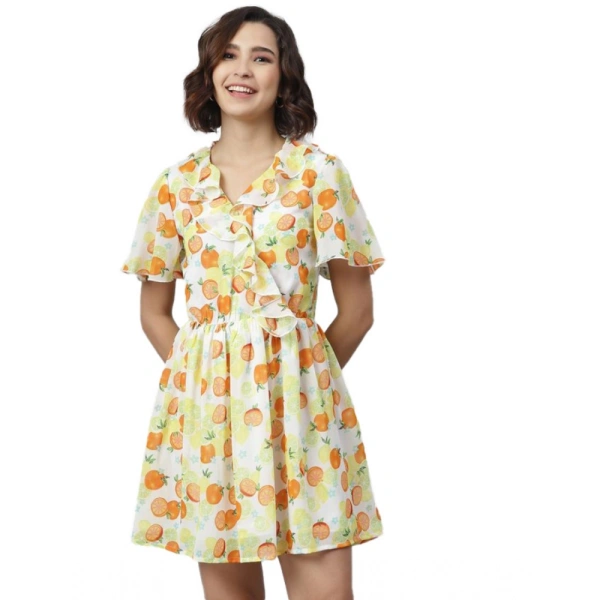 Women's Polyester Printed Flutter Above Knee Dress (Yellow - Orange) - M