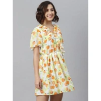 Women's Polyester Printed Flutter Above Knee Dress (Yellow - Orange) - M