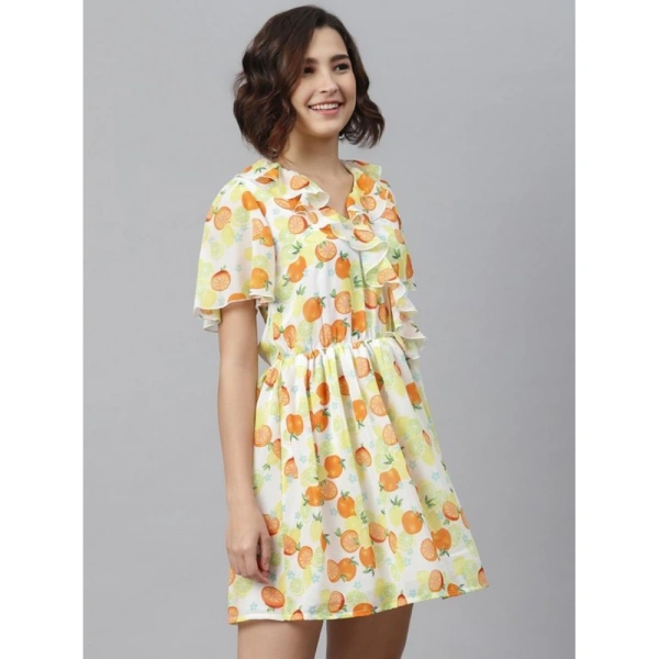 Women's Polyester Printed Flutter Above Knee Dress (Yellow - Orange) - M