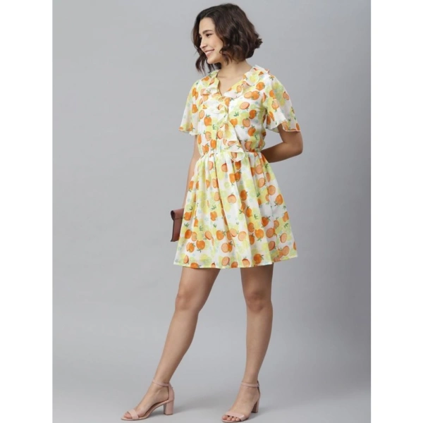 Women's Polyester Printed Flutter Above Knee Dress (Yellow - Orange) - M