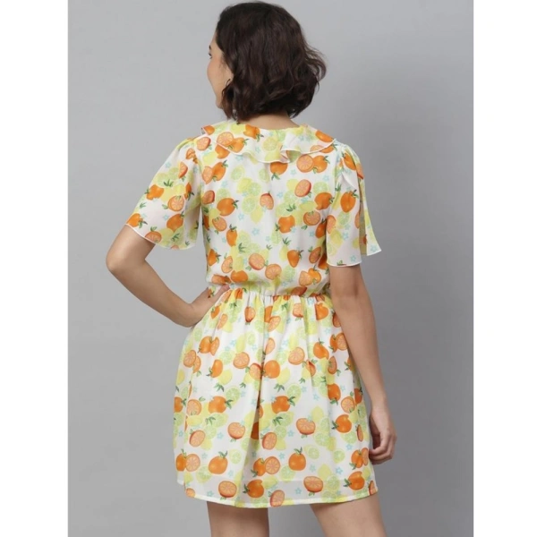 Women's Polyester Printed Flutter Above Knee Dress (Yellow - Orange) - M