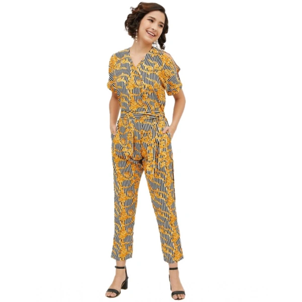 Women's Polyester Printed Half Sleeve Long Jumpsuit (Yellow) - XL