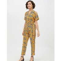 Women's Polyester Printed Half Sleeve Long Jumpsuit (Yellow) - XL