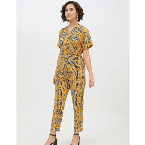 Women's Polyester Printed Half Sleeve Long Jumpsuit (Yellow) - XL