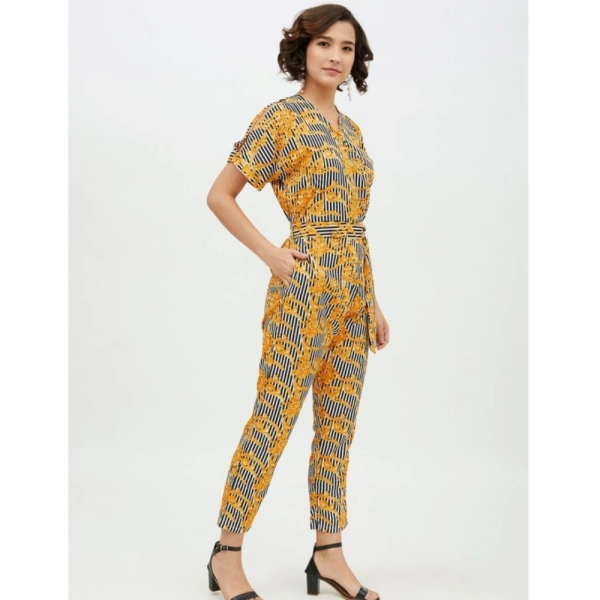 Women's Polyester Printed Half Sleeve Long Jumpsuit (Yellow) - XL