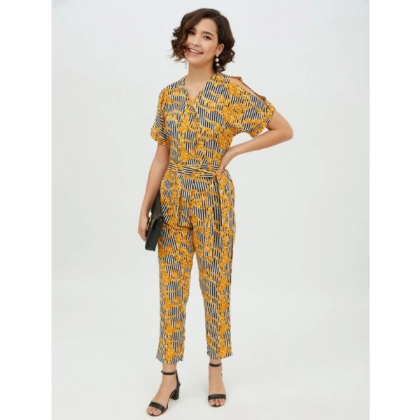 Women's Polyester Printed Half Sleeve Long Jumpsuit (Yellow) - XL