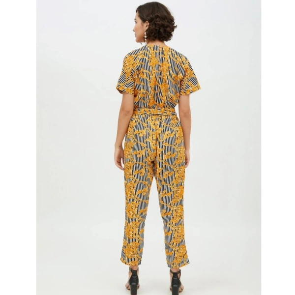 Women's Polyester Printed Half Sleeve Long Jumpsuit (Yellow) - XL