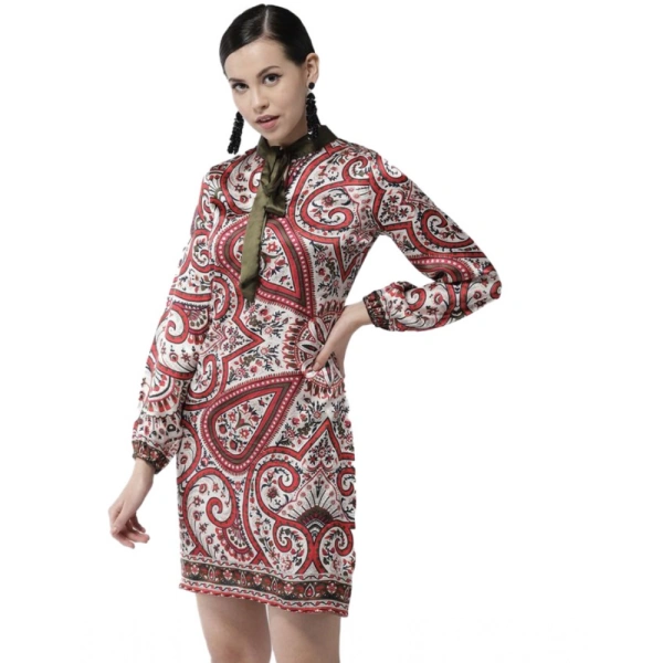 Women's Polyester Printed Long Sleeves Above Knee Dress (Red) - L