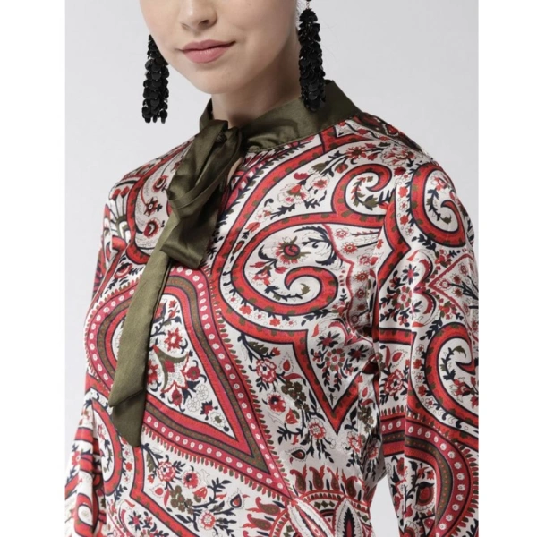 Women's Polyester Printed Long Sleeves Above Knee Dress (Red) - L