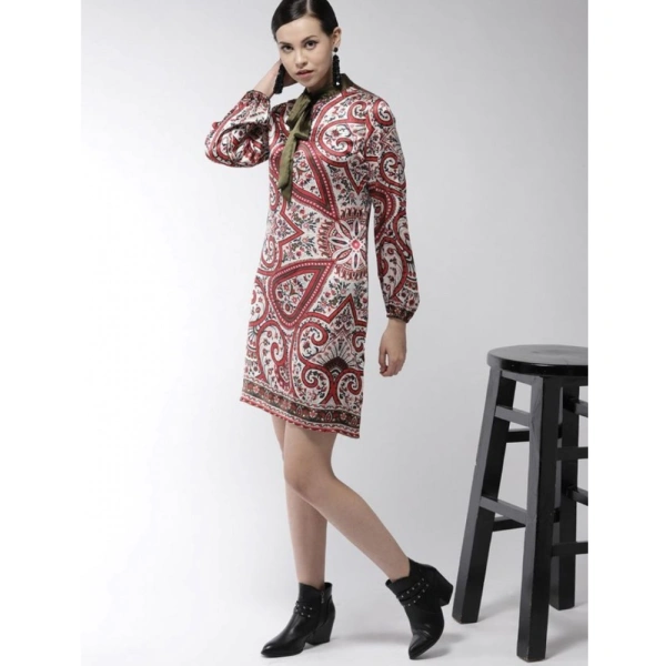 Women's Polyester Printed Long Sleeves Above Knee Dress (Red) - L