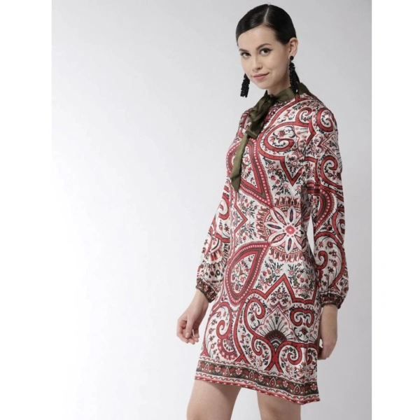 Women's Polyester Printed Long Sleeves Above Knee Dress (Red) - L