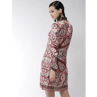 Women's Polyester Printed Long Sleeves Above Knee Dress (Red) - L