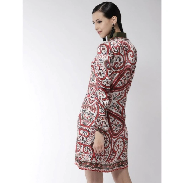 Women's Polyester Printed Long Sleeves Above Knee Dress (Red) - L