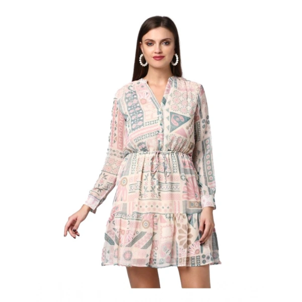 Women's Polyester Printed Long Sleeves Above Knee Dress (Light Pink - Off White) - L