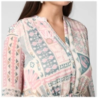 Women's Polyester Printed Long Sleeves Above Knee Dress (Light Pink - Off White) - L